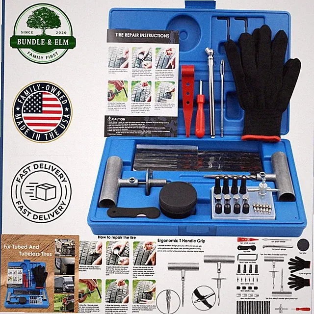 All-In-One Tire Repair Kit with 63 Pieces for Universal Use on Various Vehicles