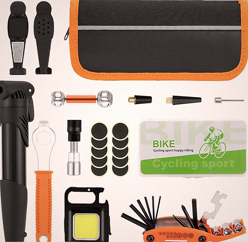 Bicycle Repair Kit with Pump & LED Light — 16-In-1 Portable Bike Tool Bag, Gluel